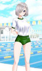 Rule 34 | 1girl, absurdres, alternate costume, arms behind back, blue eyes, blue sky, breasts, buruma, cloud, commentary request, day, feet out of frame, green buruma, grey hair, gym shirt, gym uniform, hair ornament, hair over one eye, hairclip, hamakaze (kancolle), highres, kantai collection, lane line, large breasts, looking at viewer, outdoors, parted lips, pool, shirt, short hair, sky, solo, string of flags, t-shirt, takafumi, white shirt