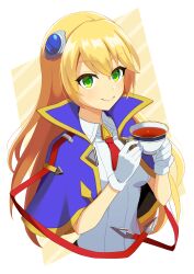 Rule 34 | 1girl, absurdres, blazblue, blonde hair, blue capelet, breasts, capelet, collared shirt, cup, drawika02, gloves, gold trim, green eyes, hair ornament, highres, holding, holding cup, long hair, necktie, noel vermillion, red necktie, red ribbon, ribbon, shirt, simple background, sleeveless, sleeveless shirt, small breasts, smile, solo, tea, teacup, upper body, white shirt