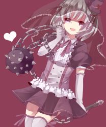Rule 34 | 10s, 1girl, chain, dress, elbow gloves, flail, gloves, hat, heart, kanna asumi, magical girl, mahou shoujo madoka magica, mahou shoujo madoka magica (anime), mini hat, mini top hat, morning star, spiked mace, open mouth, pekora, pekora (evening twilight), red background, ribbon, short hair, silver hair, simple background, skirt, solo, spikes, thighhighs, top hat, veil, weapon, white thighhighs, zettai ryouiki