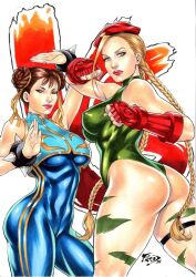 Rule 34 | 2021, ahoge, armband, artist request, ass, bare legs, bare shoulders, black armband, blonde hair, blue bodysuit, blue eyes, bodypaint, bodysuit, braid, breasts, brown hair, cammy white, capcom, chun-li, clenched hands, curvy, dated, fighting stance, fingerless gloves, garrison cap, gloves, green leotard, hair bun, hat, highleg, highleg leotard, highres, huge ass, large breasts, leotard, long hair, medium breasts, necktie, red gloves, shiny clothes, shiny skin, street fighter, street fighter zero (series), thong leotard, traditional media, twin braids, very long hair, white background, wide hips, yellow necktie