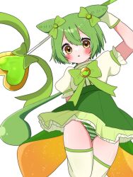 1girl alternate_costume arm_up blush bow bowtie commentary green_bow green_bowtie green_hair green_skirt hair_bow highres holding holding_staff looking_at_viewer magical_girl panties pantyshot parted_lips short_sleeves skirt solo staff striped_clothes striped_panties thighhighs thighs underwear voiceroid voicevox vvv_fnk yellow_eyes zundamon