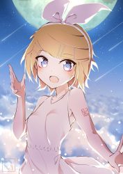 Rule 34 | 1girl, above clouds, armpit crease, artist logo, backlighting, bare arms, blonde hair, blue eyes, bow, bow hairband, cloud, dress, fang, full moon, giryu, hair bow, hair ornament, hairband, hairclip, hand up, highres, kagamine rin, looking at viewer, moon, night, night sky, open mouth, shooting star, short hair, shoulder tattoo, skin fang, sky, sleeveless, sleeveless dress, smile, solo, star (sky), swept bangs, tattoo, upper body, vocaloid, white bow, white dress