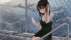 Rule 34 | 1girl, absurdres, adjusting hair, black dress, blush, bracelet, breasts, brown hair, cellphone, chain-link fence, closed mouth, cloud, cloudy sky, commentary, commission, dress, earrings, english commentary, fence, hair between eyes, highres, holding, holding phone, illust sucong, jewelry, looking at phone, medium breasts, medium hair, multiple earrings, on bench, original, phone, pink nails, red eyes, rooftop, school uniform, sitting, sky, smartphone, straight hair