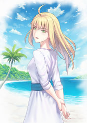 Rule 34 | 1girl, ahoge, alternate costume, arms behind back, artoria pendragon (all), artoria pendragon (fate), beach, bird, blonde hair, blue sky, blush, breasts, cloud, day, dress, eyebrows, fate/stay night, fate (series), fateline alpha, green eyes, holding own wrist, long hair, looking at viewer, medium breasts, ocean, outdoors, palm tree, saber (fate), scenery, sky, smile, solo, standing, tree, water