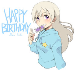 Rule 34 | 1girl, blonde hair, card, eila ilmatar juutilainen, grin, happy birthday, hood, hoodie, long hair, mouth hold, official alternate costume, purple eyes, smile, solo, star (symbol), strike witches, tabigarasu, world witches series