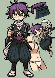 Rule 34 | 1girl, ass, black pants, character sheet, detached sleeves, female focus, fingerless gloves, fishnets, fundoshi, gloves, green background, green eyes, hair between eyes, highres, holding, holding weapon, japanese clothes, kunai, looking at viewer, ninja, original, outline, pants, puffy pants, purple hair, sandals, sash, scarf, sheath, sheathed, simple background, solo, strawberry shop, sword, tabi, wakizashi, weapon, white scarf