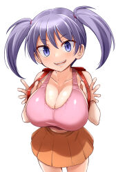 1girl absurdres backpack bag blue_eyes breasts cleavage highres huge_breasts jabaku-chan kitayama_miuki large_breasts long_hair looking_at_viewer miniskirt oppai_loli orange_shirt original pink_tank_top purple_hair randoseru shirt simple_background skirt smile solo tank_top twintails white_background