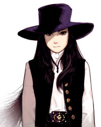 Rule 34 | 1girl, belt buckle, black eyes, black hair, black headwear, black vest, buckle, closed mouth, commentary, cowboy hat, expressionless, hat, kaji meiko, long hair, looking at viewer, mature female, psychedelic, shaded face, solo focus, standing, stray cat rock: sex hunter, takeshi, vest, white background