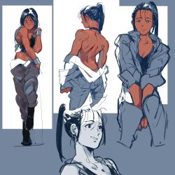 1girl arms_between_legs bare_back black_choker black_shirt blush breasts choker cleavage collarbone commentary crop_top dark-skinned_female dark_skin english_commentary hair_pulled_back highres jumpsuit kohiu looking_at_viewer loose_hair_strand multiple_views original ponytail shirt shoulder_blades sidelocks sketch smile toned toned_female undressing wrist_cuffs