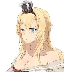 Rule 34 | 1girl, alchera, bad id, bad twitter id, black hairband, blonde hair, blue eyes, braid, crown, dress, french braid, hairband, kantai collection, long hair, long sleeves, mini crown, off-shoulder dress, off shoulder, simple background, solo, upper body, warspite (kancolle), white background