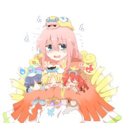 4girls blonde_hair blue_eyes blue_hair blush bocchi_the_rock! chibi closed_eyes cosplay creatures_(company) cube_hair_ornament dunsparce dunsparce_(cosplay) entei entei_(cosplay) fang flying_sweatdrops game_freak gen_2_pokemon gotoh_hitori hair_between_eyes hair_ornament ho-oh ho-oh_(cosplay) ijichi_nijika kessoku_band kita_ikuyo legendary_pokemon long_hair looking_at_viewer mole mole_under_eye multiple_girls nintendo open_mouth pink_hair pokemon raikou raikou_(cosplay) rebecca_(keinelove) red_hair shaded_face sidelocks simple_background suicune suicune_(cosplay) sweat upper_body white_background yamada_ryo yellow_eyes