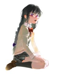 Rule 34 | 1girl, absurdres, akemi homura, baifeidaiwang, black hair, black skirt, bow, bowtie, braid, brown footwear, chinese commentary, commentary request, crying, crying with eyes open, from side, full body, glasses, hair ribbon, hands on own knees, highres, kneehighs, long hair, mahou shoujo madoka magica, mahou shoujo madoka magica (anime), open mouth, plaid, plaid skirt, purple eyes, red-framed eyewear, red bow, red bowtie, ribbon, sad, school uniform, shoes, simple background, sitting, skirt, socks, solo, tears, teeth, twin braids, wariza, white background, white socks