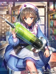 Rule 34 | 1girl, apron, blue eyes, blue skirt, bookshelf, brown hair, cabinet, company name, glint, hat, indoors, long sleeves, looking at viewer, nurse, nurse cap, official art, oversized object, sila (carpen), skirt, smile, standing, syring, tenka touitsu chronicle