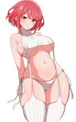 Rule 34 | 1girl, alternate costume, bare shoulders, bikini, bowl cut, breasts, closed mouth, commentary request, eyelashes, garter straps, highres, kamidan, large breasts, looking at viewer, medium hair, meme attire, navel, panties, pyra (xenoblade), red eyes, side-tie bikini bottom, simple background, skindentation, smile, solo, standing, swimsuit, underwear, virgin destroyer sweater, white background, white panties, xenoblade chronicles (series), xenoblade chronicles 2