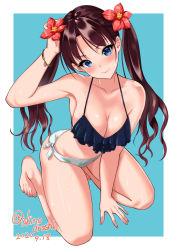 1girl akino-oroshi bare_legs barefoot between_legs bikini blue_background blue_bikini blue_eyes blush bracelet breasts brown_hair cleavage closed_mouth collarbone commentary dated flower frilled_bikini frills from_above full_body hair_flower hair_ornament hand_between_legs hand_on_own_head head_tilt heart_bracelet highres jewelry kneeling long_hair looking_at_viewer medium_breasts original parted_bangs side-tie_bikini_bottom simple_background smile solo swimsuit thighs twintails twitter_username wavy_hair wet