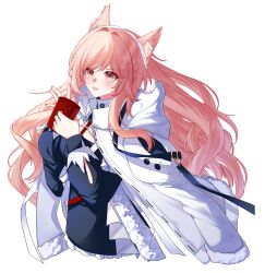 Rule 34 | 1girl, absurdres, afdaglw (xinjinjumin9102657), animal ears, arknights, black shirt, braid, coat, coat on shoulders, cup, fur-trimmed coat, fur-trimmed sleeves, fur trim, highres, holding, holding cup, long sleeves, looking at viewer, mug, official alternate costume, parted lips, pink eyes, pink hair, pozyomka (arknights), pozyomka (snowy plains in words) (arknights), shirt, simple background, solo, upper body, white background, white coat, winter clothes, winter coat, wolf ears, wolf girl