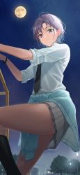 Rule 34 | 1girl, absurdres, asakura toru, black necktie, black socks, blue cardigan, blue eyes, blue hair, cardigan, cardigan around waist, climbing, closed mouth, clothes around waist, commentary request, earrings, feet out of frame, full moon, gradient hair, grey skirt, highres, huge filesize, idolmaster, idolmaster shiny colors, jewelry, jungle gym, kneehighs, looking at viewer, miniskirt, moon, multicolored hair, necktie, night, night sky, outdoors, park, pleated skirt, purple hair, shirt, short hair, short sleeves, skirt, sky, smile, socks, solo, star (sky), starry sky, thighs, white shirt, wristband, zelo6