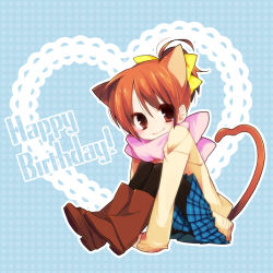 Rule 34 | 1girl, animal ears, boots, brown eyes, brown hair, cat ears, cat tail, happy birthday, hirasawa ui, k-on!, pantyhose, pink scarf, plaid, plaid skirt, ponytail, scarf, short hair, skirt, solo, tail, ume (pickled plum)