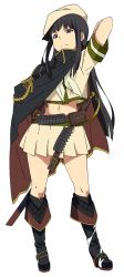 Rule 34 | 1girl, adapted costume, akitetsu, alternate hairstyle, ammunition, arm behind head, bad id, bad twitter id, bandolier, black eyes, black hair, boots, cape, cosplay, gloves, hand on own hip, hat, high heel boots, high heels, highres, hime cut, kantai collection, kiso (kancolle) (cosplay), kiso (kancolle), kitakami (kancolle), long hair, looking at viewer, looking down, midriff, navel, sidelocks, solo, sword, weapon