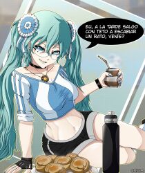 1girl aqua_eyes aqua_hair argentina artist_name black_choker black_gloves bottle choker cup drinking_straw empanada fingerless_gloves food glasses glint gloves hair_ornament hatsune_miku highres holding holding_cup jewelry long_hair looking_at_viewer mate midriff navel necklace outline parted_lips plate print_shirt shirt short_sleeves smile solo speech_bubble thermos translated twintails ultra14 very_long_hair vocaloid worldwide_miku yellow_outline