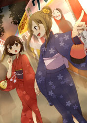 Rule 34 | 2girls, :o, bad id, bad pixiv id, blonde hair, brown eyes, brown hair, festival, hair ornament, hairclip, holding hands, japanese clothes, kimono, multiple girls, open mouth, original, outstretched arm, pointing, short hair, smile