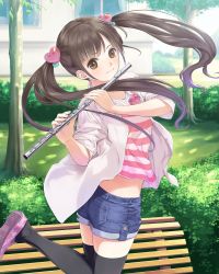 Rule 34 | 1girl, absurdres, black thighhighs, blue shorts, brown eyes, brown hair, day, denim, denim shorts, floating hair, flute, highres, holding, holding instrument, instrument, jacket, kishida mel, leg up, long hair, looking at viewer, midriff, open clothes, open jacket, outdoors, school fanfare, shirt, shoes, short shorts, shorts, solo, standing, standing on one leg, striped clothes, striped shirt, thighhighs, tree, twintails, very long hair, white jacket, zettai ryouiki