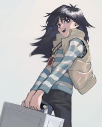 Rule 34 | 1boy, black hair, black pants, blue eyes, briefcase, casual, child, from below, highres, holding, holding briefcase, jewelry, kaiba mokuba, leaning back, long hair, long sleeves, male focus, necklace, nobou (32306136), open mouth, pants, shirt, smile, solo, striped clothes, striped shirt, wind, yu-gi-oh!, yu-gi-oh! duel monsters