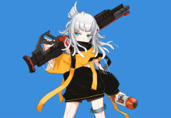 Rule 34 | 1girl, and uge, apex legends, binary, black dress, blue background, blue eyes, blush, commentary, cowboy shot, dress, english commentary, facial mark, grey hair, gun, hair wings, hairpods, holding, holding gun, holding weapon, joints, long hair, long sleeves, looking at viewer, medium bangs, nanashi inc., over shoulder, robot joints, rokkaku game, see-through, see-through dress, short dress, simple background, solo, thermite grenade, thigh strap, virtual youtuber, weapon, weapon over shoulder, yellow dress