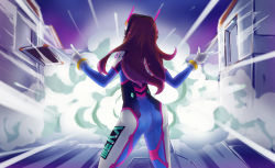 Rule 34 | 1girl, ass, bodysuit, brown hair, cai yuan, d.va (overwatch), derivative work, explosion, facial mark, from behind, gloves, headphones, highres, long hair, overwatch, overwatch 1, photo-referenced, solo, whisker markings