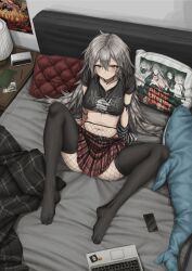Rule 34 | 1girl, absurdres, alty (arknights), arknights, arm support, armband, aya (arknights), bed, belt, black thighhighs, blush, breasts, choker, clock, collarbone, commission, computer, cushion, dan (arknights), fartooth (arknights), fishnets, from above, frost (arknights), grey hair, highres, indoors, lamp, laptop, lobsteranian, long hair, looking up, medium breasts, midriff, navel, original, pantyhose, plaid, plaid skirt, pleated skirt, shirt, sitting, skirt, solo, spread legs, t-shirt, thighhighs, thighhighs over pantyhose, underboob, yellow eyes