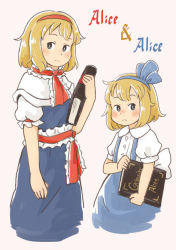 Rule 34 | 2girls, age difference, aged down, alice margatroid, alice margatroid (pc-98), ascot, blonde hair, blue eyes, blush, blush stickers, book, bow, buttons, capelet, character name, chii-kun (seedyoulater), child, collar, collared shirt, dress, dual persona, expressionless, frilled ascot, frilled sleeves, frills, grimoire, grimoire of alice, hairband, height difference, holding, holding book, looking at viewer, multiple girls, nose blush, pink background, puffy short sleeves, puffy sleeves, romaji text, shirt, short hair, short sleeves, simple background, skirt, suspenders, touhou, touhou (pc-98)