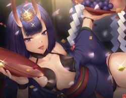 Rule 34 | 1girl, :p, alcohol, bad id, bad pixiv id, bob cut, breasts, collarbone, commentary request, cup, fangs, fate/grand order, fate (series), food, fruit, grapes, horns, izuna (i1z2n70), looking at viewer, lying, on side, oni, purple eyes, purple hair, sakazuki, sake, short hair, shuten douji (fate), skin-covered horns, small breasts, solo, tongue, tongue out
