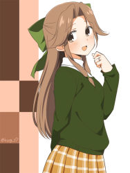 Rule 34 | 1girl, :d, alternate costume, arm behind back, blush, bow, brown eyes, brown hair, from side, green bow, green sweater, hair bow, half updo, jewelry, jintsuu (kancolle), kantai collection, kisaragi hina, long hair, long sleeves, looking at viewer, looking to the side, open mouth, parted bangs, plaid, plaid skirt, ring, sidelocks, skirt, smile, solo, sweater, twitter username, wedding band, yellow skirt