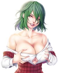 Rule 34 | 1girl, asashin (kazami-tomo), bad id, bad pixiv id, bare shoulders, breast hold, breasts, cleavage, clenched teeth, collarbone, covered erect nipples, grabbing, green hair, grin, hair between eyes, highres, kazami yuuka, large breasts, lips, looking at viewer, nipples, off shoulder, plaid, red eyes, short hair, simple background, smile, solo, teeth, touhou, underbust, upper body, white background