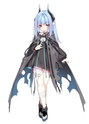 Rule 34 | 1girl, bandaged leg, bandages, black cloak, black dress, blue hair, blue nails, blush, cloak, closed mouth, crossed legs, curled horns, dress, facial mark, full body, hood, hood down, hooded cloak, horns, long hair, long sleeves, looking at viewer, nail polish, original, pointy ears, puffy long sleeves, puffy sleeves, red eyes, saru, simple background, sleeves past wrists, solo, standing, torn cloak, torn clothes, watson cross, white background