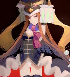 Rule 34 | 1girl, armband, arms up, bad id, bad twitter id, black gloves, black skirt, blue neckwear, brown hair, closed mouth, elbow gloves, frilled armband, frills, gloves, hat, highres, leotard, long hair, looking at viewer, mawaru penguindrum, nima (nimamann), penguin hat, pink eyes, pink ribbon, princess of the crystal, ribbon, simple background, skirt, solo, white leotard