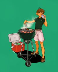 Rule 34 | 1boy, absurdres, artist name, beer can, brown footwear, brown hair, can, chilchuck tims, cooking, cooler, drink can, dungeon meshi, food, full body, green background, green shirt, grill, grilling, highres, holding, holding can, holding tongs, katy ho, male focus, meat, pabst blue ribbon, shadow, shirt, short hair, short sleeves, shorts, solo, tongs, very short hair, white shorts