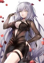 Rule 34 | 1girl, absurdres, ahoge, black dress, blush, breasts, bridal gauntlets, center opening, choker, cleavage, dress, fate/grand order, fate (series), hand in own hair, hand on own hip, hane yuki, highres, jeanne d&#039;arc (fate), jeanne d&#039;arc alter (avenger) (fate), jeanne d&#039;arc alter (fate), large breasts, long hair, long sleeves, looking at viewer, open mouth, pale skin, petals, silver hair, simple background, thigh strap, thighs, very long hair, white background, yellow eyes