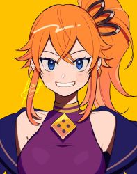 Rule 34 | 1girl, blue eyes, blush, character request, commentary request, copyright request, jacket, kisaragi yuu (fallen sky), long hair, looking at viewer, off shoulder, orange hair, parted lips, ponytail, purple shirt, shirt, signature, simple background, smile, solo, upper body, yellow background
