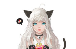 Rule 34 | 1girl, ahoge, animal ears, animal hands, bad id, bad pixiv id, bare shoulders, bell, blue eyes, cat ears, cat paws, cat tail, collar, gift, long hair, looking at viewer, neck bell, original, parted lips, phonic, silver hair, solo, star (symbol), tail, white background
