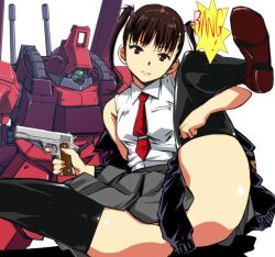 Rule 34 | 1girl, black thighhighs, breasts, brown eyes, brown hair, commentary request, grey skirt, gundam, hair ornament, jacket, kamisimo 90, knee up, mecha, medium breasts, necktie, off shoulder, open mouth, original, rick dias, robot, shirt, shoes, sitting, skirt, smile, speech bubble, thighhighs, thighs, twintails girl (kamisimo 90), white shirt, zeta gundam