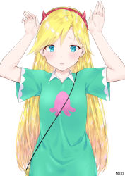 Rule 34 | 1girl, 9nojo, :o, aqua eyes, blonde hair, blue eyes, blush, breasts, commentary request, dress, fake horns, female focus, green dress, hairband, hands up, highres, horned headwear, horns, long hair, looking at viewer, sad, short sleeves, simple background, smile, solo, star butterfly, star vs the forces of evil, white background
