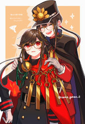 Rule 34 | 2girls, absurdres, black hair, black headwear, blush, brother and sister, character request, closed eyes, fate/grand order, fate (series), glasses, gloves, highres, long hair, long sleeves, multiple girls, oda nobukatsu (fate), open mouth, parted lips, red eyes, siblings, smile, teeth, translation request, twitter username, white gloves, yellow-framed eyewear, yui (tamagohan)