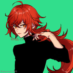 Rule 34 | 1boy, ahoge, black sweater, closed mouth, commentary request, dated, diluc (genshin impact), eyes visible through hair, genshin impact, green background, hand up, long hair, long sleeves, looking at viewer, male focus, ojo aa, orange eyes, red hair, signature, simple background, solo, sweater, turtleneck, turtleneck sweater, upper body
