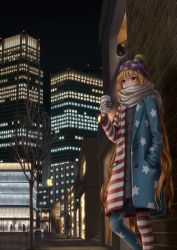 Rule 34 | 1girl, 2boys, adapted costume, american flag legwear, bare tree, beanie, blonde hair, brick wall, building, buttons, car, city, clownpiece, coat, contemporary, covered mouth, cup, dress, enpera, hand in pocket, hat, highres, holding, holding cup, junko (touhou), lamp, lamppost, light brown hair, long hair, long sleeves, motor vehicle, mug, multiple boys, night, night sky, no pants, outdoors, pantyhose, pavement, polka dot, purple eyes, road, scarf, sky, skyscraper, solo focus, street, striped, sweater, sweater dress, torinari (dtvisu), touhou, tree, vehicle, very long hair, window, winter, winter clothes, winter coat