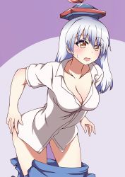 Rule 34 | 1girl, absurdres, blue headwear, blue skirt, blush, breasts, brown eyes, cleavage, clothes pull, collarbone, commentary request, cowboy shot, grey background, hair between eyes, highres, kamishirasawa keine, large breasts, leaning forward, long hair, looking at viewer, open mouth, purple background, shirt, short sleeves, silver hair, skirt, skirt pull, solo, standing, suwaneko, sweat, thighs, touhou, two-tone background, white shirt