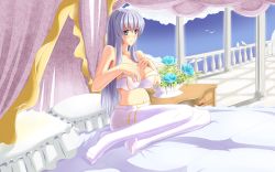 Rule 34 | 1girl, bed, bird, blue flower, blush, bra, breasts, falcom, flower, grey eyes, grey hair, hands on own chest, large breasts, long hair, on bed, pantyhose, pillow, pregnant, purple hair, reah (ys), sitting, sky, solo, underwear, white bra, white pantyhose, ys