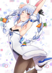 Rule 34 | 1girl, animal ear fluff, animal ears, arched back, arm cuffs, armpits, arms up, backless outfit, bare back, black bra, black gloves, black pantyhose, blue hair, blush, bra, braid, breasts, carrot hair ornament, coat, commentary request, cowboy shot, dress, eyelashes, food-themed hair ornament, fur-trimmed dress, fur-trimmed gloves, fur scarf, fur trim, gloves, hair ornament, highres, hololive, leotard, leotard under clothes, licking lips, long hair, one eye closed, pantyhose, rabbit-shaped pupils, rabbit ears, rabbit girl, rabbit tail, red eyes, scarf, sideboob, small breasts, solo, standing, standing on one leg, symbol-shaped pupils, thick eyebrows, thighs, tongue, tongue out, twin braids, underwear, usada pekora, usada pekora (1st costume), virtual youtuber, white coat, white footwear, white hair, zaregoto tsukai no deshi