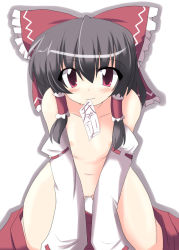 Rule 34 | 1girl, black hair, bow, collarbone, detached sleeves, female focus, hair bow, hakurei reimu, kugui kiyunemu, long hair, looking at viewer, mouth hold, navel, nipples, nude, red bow, red eyes, red skirt, ribbon-trimmed sleeves, ribbon trim, sidelocks, simple background, skirt, solo, spread legs, stomach, touhou, white background