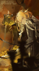Rule 34 | 1girl, animal ears, antlers, arknights, artist name, black dress, blonde hair, blue eyes, blurry, blurry foreground, closed mouth, copyright name, deer antlers, deer ears, deer girl, depth of field, dress, flower, gauntlets, highres, horns, long hair, long sleeves, mrradon, no headwear, sitting, smile, solo, viviana (arknights), yellow flower